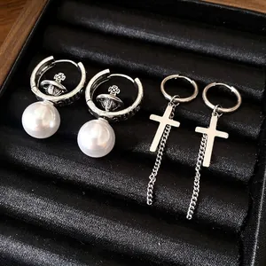 Vintage Orb Cross Artificial Pearl Hoop Earrings For Women Stainless Steel Post Gold Silver Plated Individual Fashion Jewelry Accessories