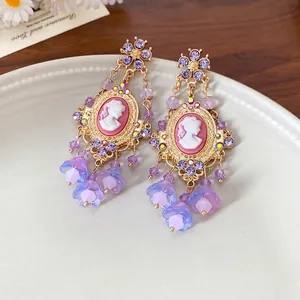 Vintage court style cameo earrings with purple crystal floral tassels jewelry