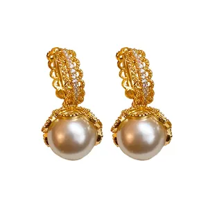 Elegant French vintage gold plated hoop earrings with lace zircon and white pearls