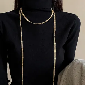 Minimalist Long Chain Necklace For Women Gold Plated Geometric Square Pendant Sweater Chain Fashion Jewelry Commuter Accessories