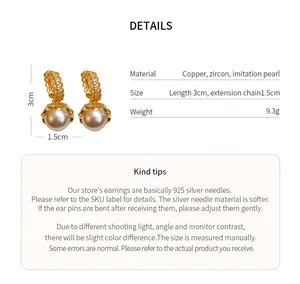 Vintage gold-plated pearl hoop earrings with zircon details and size specifications.