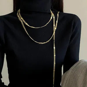 Close-up detail of long golden chain necklace worn on a black turtleneck sweater