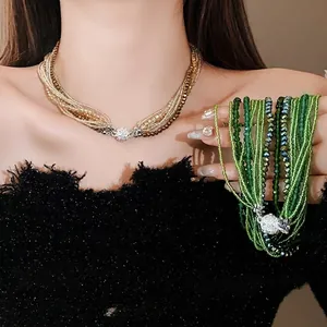 Bohemian multi-strand crystal bracelet and necklace with rhinestone magnetic clasp