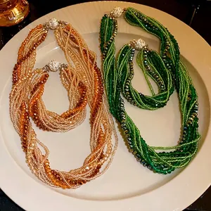 Elegant Bohemian multi-layer crystal bead necklace and bracelet set with rhinestone clasp