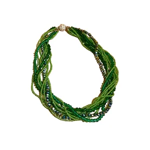Bohemian multi-layer green seed bead and crystal wrap necklace for elegant styling.
