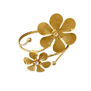 Elegant gold floral open bangle bracelet with sparkling crystal centers for women's jewelry