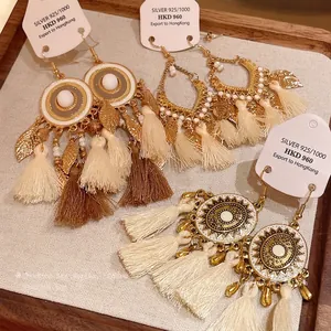 Orecchini a Goccia con Nappa a Foglia Tonda in Stile Etnico Bohemien per Donna Gioielli con Frange in Cotone Placcato Oro Vintage con Perno in Argento Sterling 925
