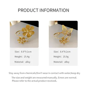 Detailed product info of golden flower and butterfly open bracelets with dimensions and weight.
