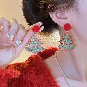 Festive green Christmas tree drop earrings with red round studs for women holiday jewelry gifts