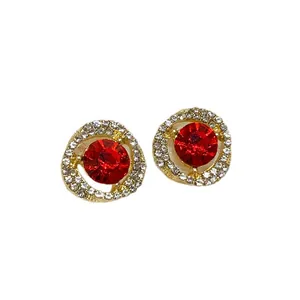 Pendientes redondos vintage con piedra roja y cristales brillantes para mujer