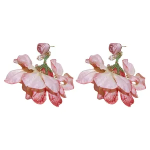Sweet pink mesh flower earrings with crystal tassels and silver needle posts