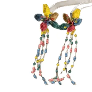 Handcrafted colorful glass beaded floral tassel earrings and necklace set for women