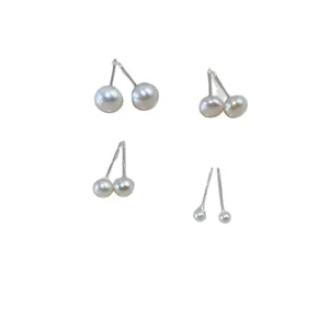 Minimalist French retro silver needle round pearl stud earrings set for elegant women