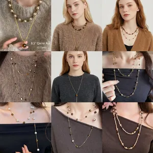 Vintage Tiger Eye Beaded Necklace Retro Maillard Style Sweater Chain For Women Light Luxury Alloy Artificial Pearl Jewelry