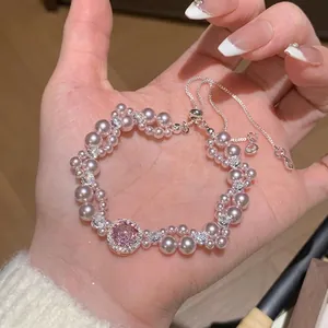 Braccialetto in Perle Artificiali con Zirconia Rosa a Doppio Strato Stile Palazzo Vintage Francese per Donna Gioielli Eleganti Regolabili