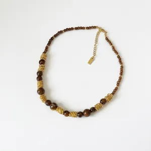 Vintage brown tiger eye stone beaded necklace with gold-tone wire wrap coil accents