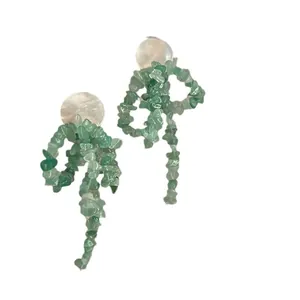 Elegant handmade green natural stone bow-knot dangle earrings with round shell studs