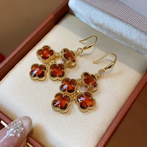 Vintage 18k gold plated drop earrings with amber clover stones and zircon accents