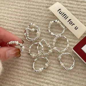 Korean Minimalist Irregular Artificial Pearl Elastic Ring For Women Alloy Rhinestone Geometric Opening Leaf Finger Ring Jewelry