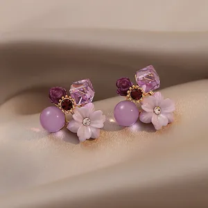 Purple Floral Stud Earrings With 925 Sterling Silver Post Rhinestone Crystal Cat Eye Stone Elegant Jewelry Gift For Women
