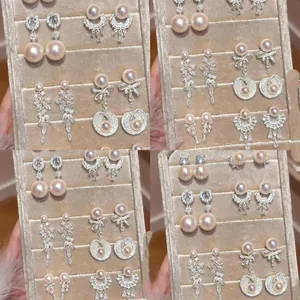 Luxury Artificial Pearl Rhinestone Geometric Stud Earrings For Women French Vintage Elegant Inlaid Jewelry Alloy Gold Silver Pink Earrings