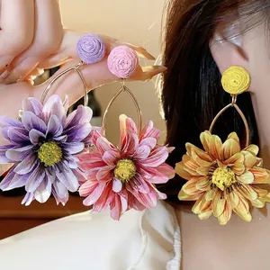 Handmade Vacation Style Fabric Raffia Flower Stud Earrings For Women Sweet Floral Design With 925 Sterling Silver Post