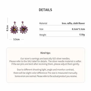 Purple cloth flower earrings specifications with dimensions and raffia material details.