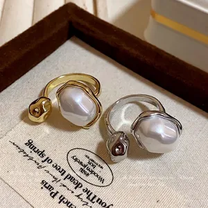 Real Gold Plated Baroque Artificial Pearl Open Ring For Women Vintage Light Luxury Zirconia Oval Adjustable Index Finger Ring
