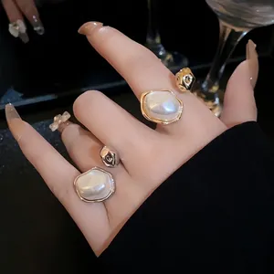 Elegant gold plated irregular oval baroque pearl open ring with vintage luxury design