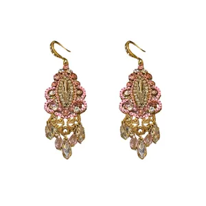 Vintage ethnic style rhinestone teardrop tassel earrings with elegant pink gold hooks