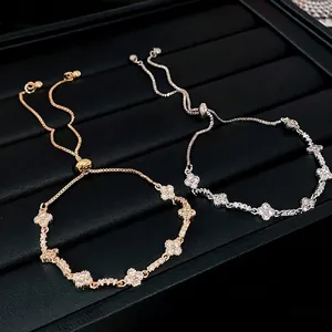 Elegant Korean Style Zirconia Rhombus Flower Adjustable Bracelet Fashion Copper Gold Silver Plated Jewelry For Women Gift