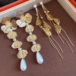 Luxury 18K Gold Plated 925 Sterling Silver Post Zirconia Flower Artificial Pearl Drop Earrings Vintage Jewelry For Women