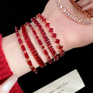 Vintage Zirconia Square Buckle Bracelet For Women Elegant Gold Plated Copper Red White Zirconia Inlaid Tennis Bracelet Jewelry Gift