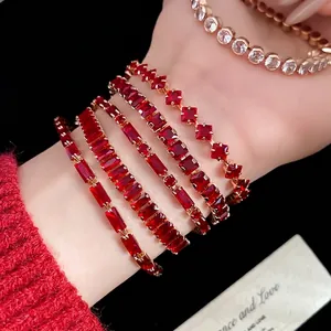 Elegant vintage gold plated square red zircon link bracelets set for women stylish jewelry