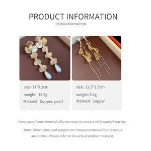 Detail of 18K gold-plated flower earrings and pearl drops with product specifications.