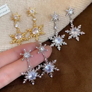 Elegant Snowflake Drop Earrings With 925 Sterling Silver Earring Post Zirconia Inlaid Real Gold Plated Luxurious Winter Jewelry For Women