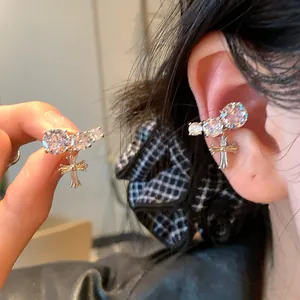Luxury Copper Zirconia Cross Ear Cuff Clip On Earrings No Piercing Vintage Gothic Silver Plated Jewelry For Women Gift
