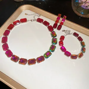Luxury square fuchsia multi-color rhinestone jewelry set with necklace bracelet and earrings