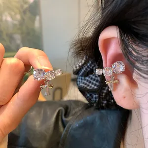 Elegant silver zircon round cross clip-on earrings for women, stylish jewelry accessory