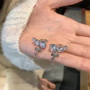 Elegant silver cross ear clips with sparkling cubic zirconia, non-piercing cuff earrings