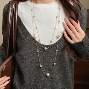 French Vintage Double Layer Necklace Asymmetrical Artificial Pearl Gold Plated Copper Sweater Chain Light Luxury For Women Jewelry Gift