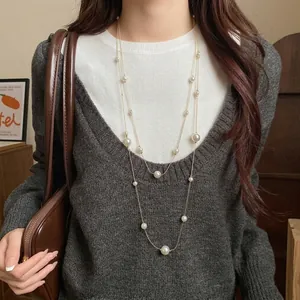 French vintage double-layer pearl necklace with asymmetric beaded design sweater chain