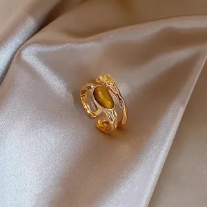 Vintage Gold Plated Zirconia Artificial Tiger Eye Stone Double Layer Open Ring For Women Luxurious Geometric Adjustable Index Finger Ring