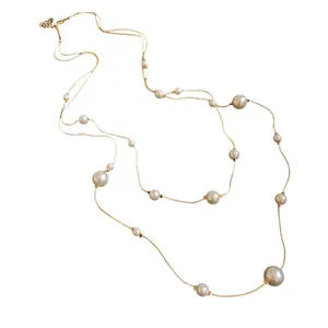 French vintage style asymmetric pearl beaded double layer gold chain necklace for women