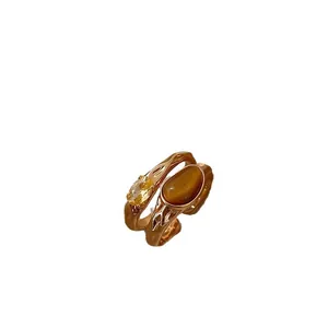 Vintage gold-plated double-layer open ring with yellow zircon and synthetic tiger eye