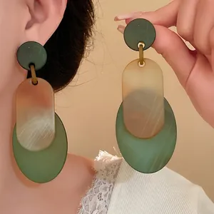 Korean Style Retro Oversized Geometric Oval Acrylic Drop Earrings For Women Fashion Layered Alloy Dangle Earrings With Silver Post