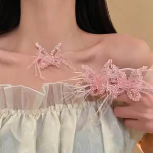 Süße Rosa Feder Künstliche Kristall Schmetterling Anhänger Halskette Und Ohrclip Für Damen Niedliche Prinzessin Stil Handgefertigte Schmuck