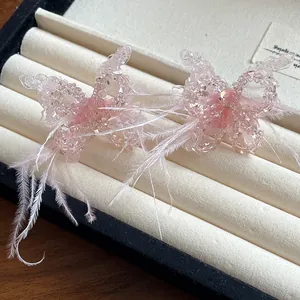 Detailaufnahme einer rosa Kristall-Schmetterlingskette mit Federn in einer Schmuckbox