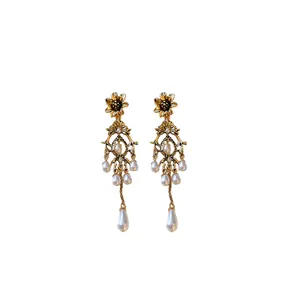 Vintage palace style flower stud earrings with elegant faux pearl drops for women