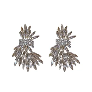 Exquisite silver needle sparkling rhinestone crystal wing stud earrings for women